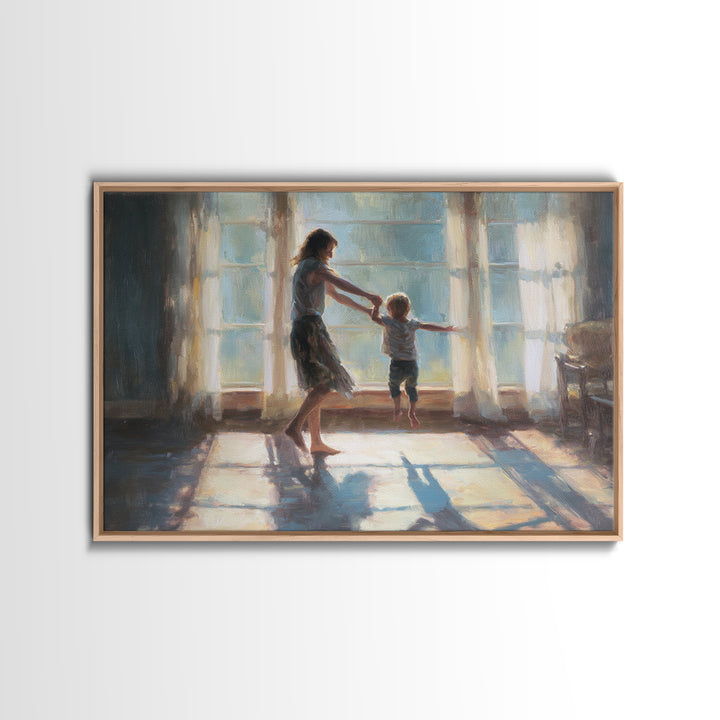Mother Lifting Toddler In Sunlit Windows Framed Canvas Print, Impressionist Family Wall Decor, Nursery Art, Gift For Her