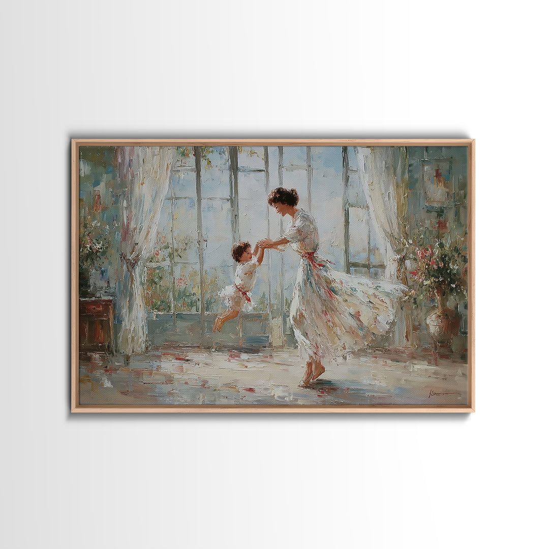 Mother And Child Dancing In Bright Floral Room Wall Art, Impressionist Family Painting, Feminine Decor, Gift For Her, Fine Art