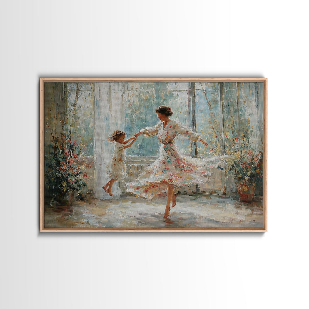 Mother And Daughter Twirling In Sunlit Flower Room Wall Art, Impressionist Family Painting, Feminine Decor, Gift For Mom