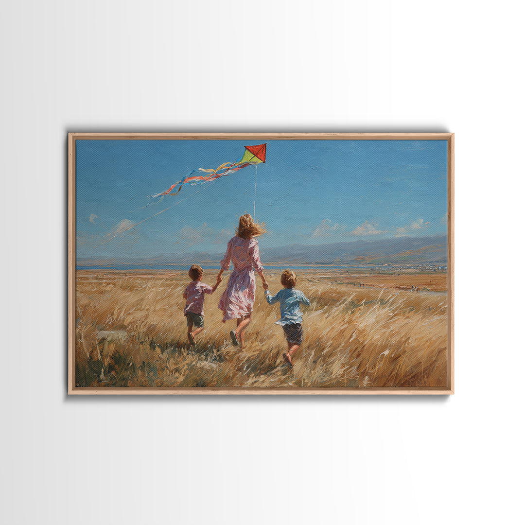 Mother And Children Running With Kite Through Golden Field Canvas Print, Impressionist Landscape, Family Gift, Farmhouse Decor
