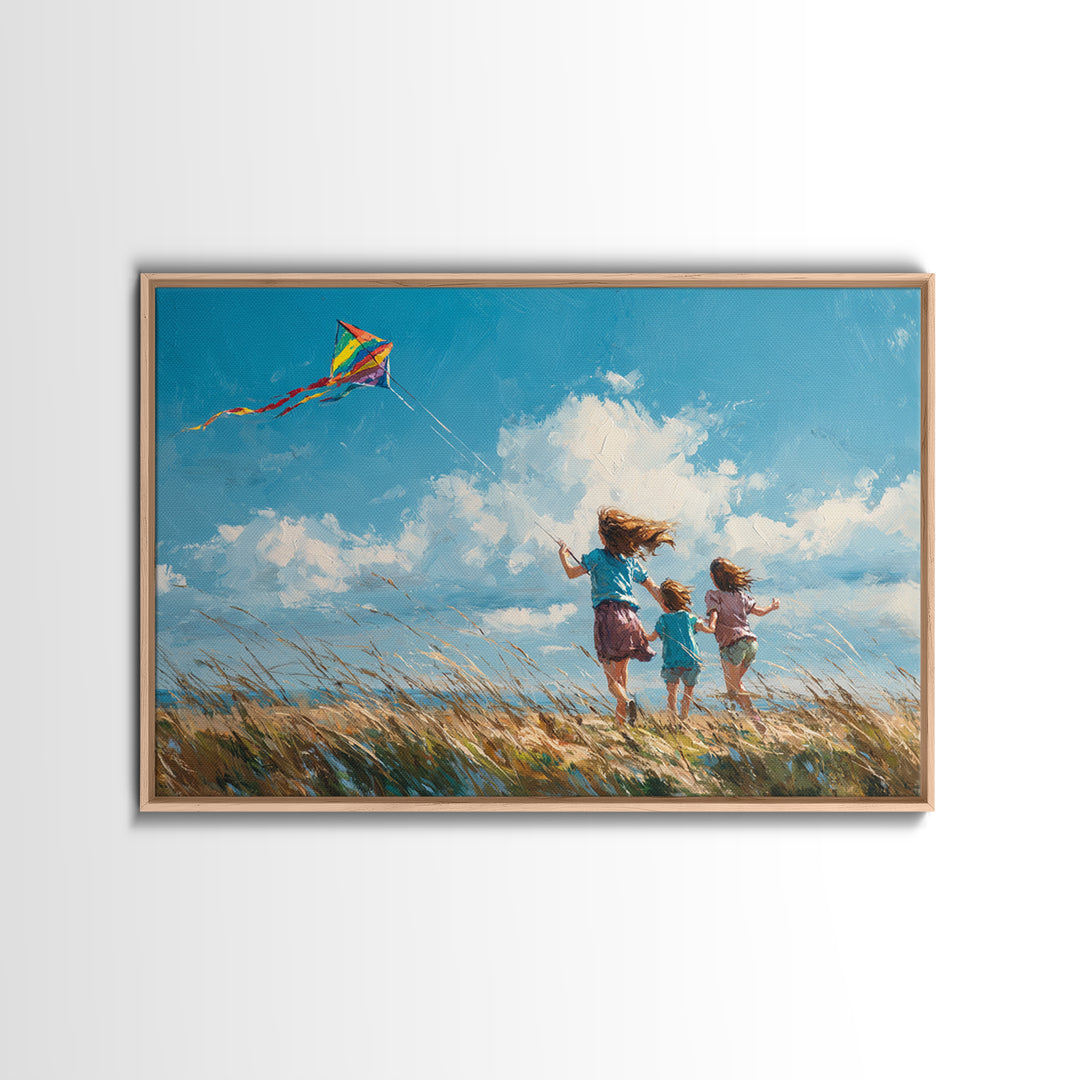 Three Children Running With Rainbow Kite Canvas Print, Breezy Coastal Field Wall Art, Kids Room Decor, Nursery Art, Gift For Her