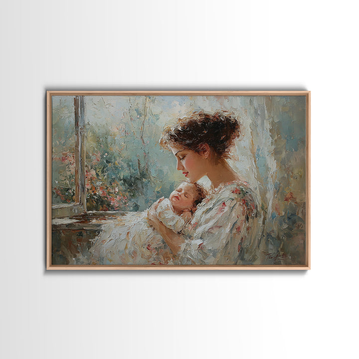 Mother Cradling Sleeping Newborn By Garden Window Framed Canvas Print, Feminine Wall Art, Baby Nursery Decor, Gift For Mom