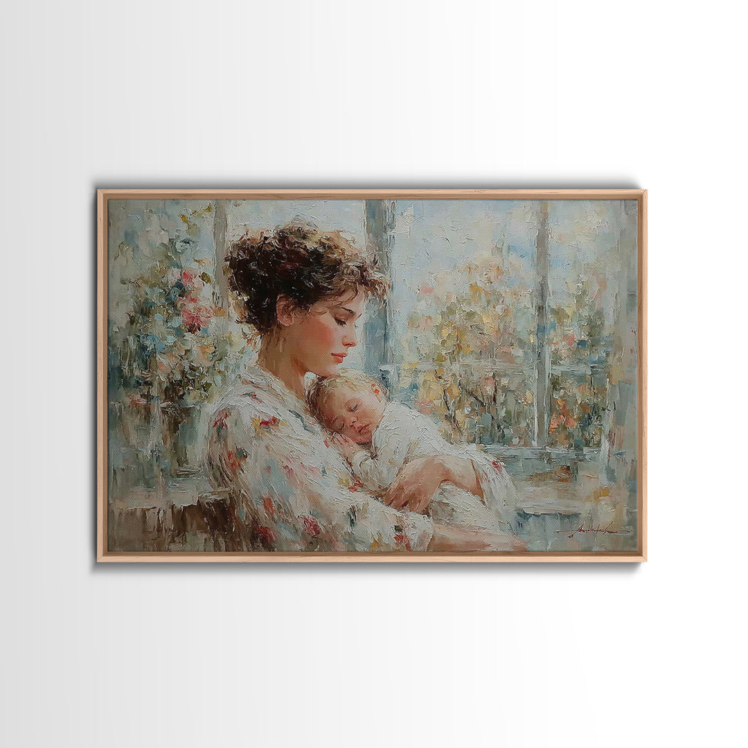Tender Mother Holding Sleeping Baby Beside Bright Window Wall Art, Impressionist Nursery Decor, Feminine Art, Gift For Her