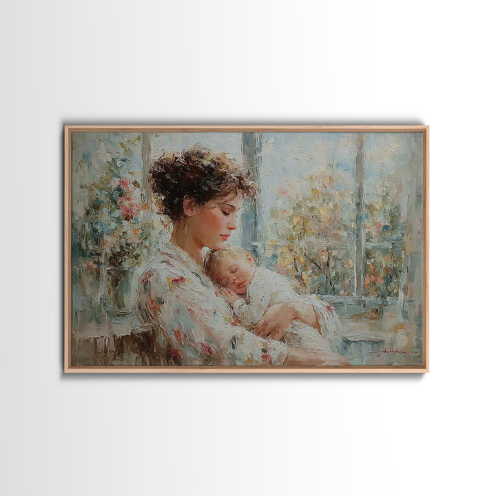 Tender Mother Holding Sleeping Baby Beside Bright Window Wall Art, Impressionist Nursery Decor, Feminine Art, Gift For Her