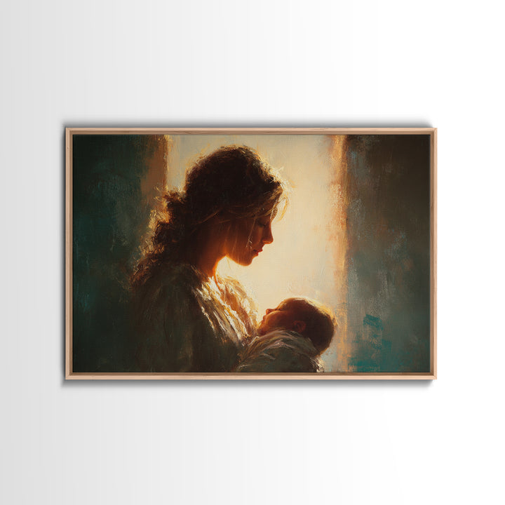 Backlit Mother Holding Newborn In Warm Window Light Wall Art, Moody Portrait, Spiritual Home Decor, Gift For Mom, Nursery Art