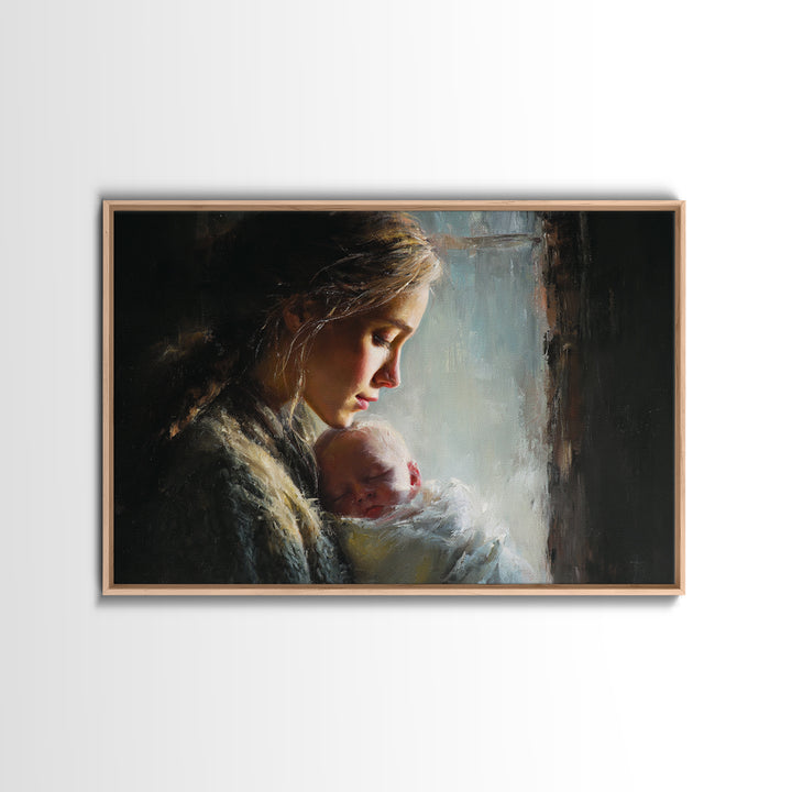 Moody Mother And Sleeping Baby By Rainy Window Framed Canvas Print, Dark Academia Wall Art, Nursery Decor, Gift For Mom, New Baby Gift