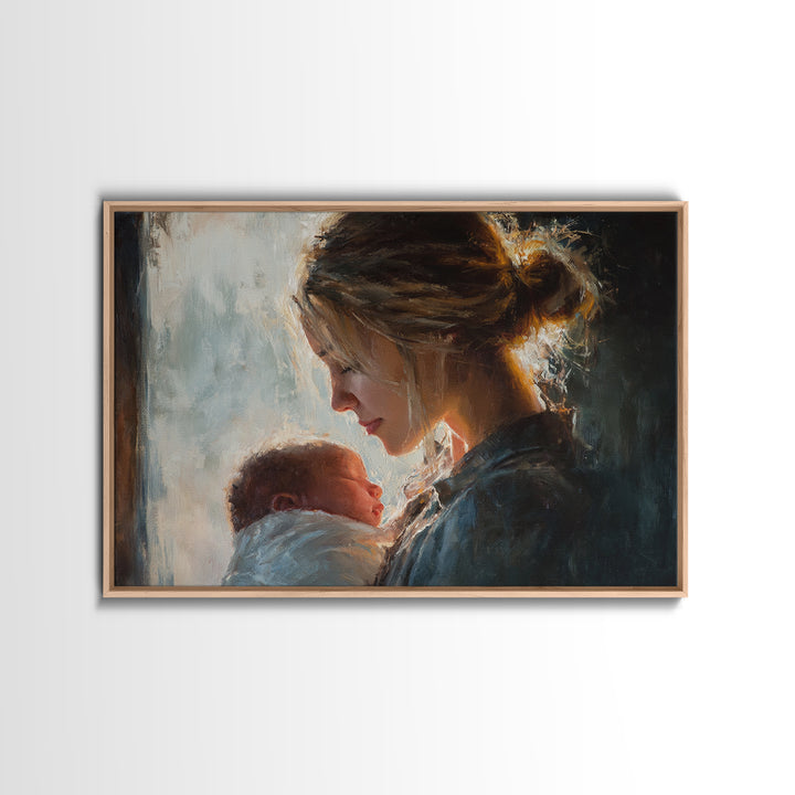 Soft Mother And Newborn Portrait In Window Light Canvas Print, Feminine Wall Art, Baby Nursery Decor, Gift For Mom, New Baby Gift