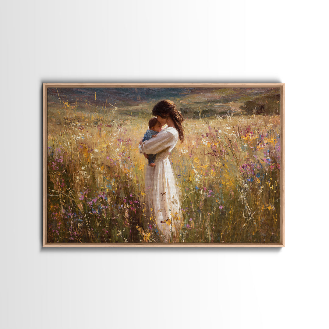 Mother Cradling Newborn In Sunlit Wildflowers Wall Art, Impressionist Oil Painting, Floral Nursery Decor, Gift For New Mom
