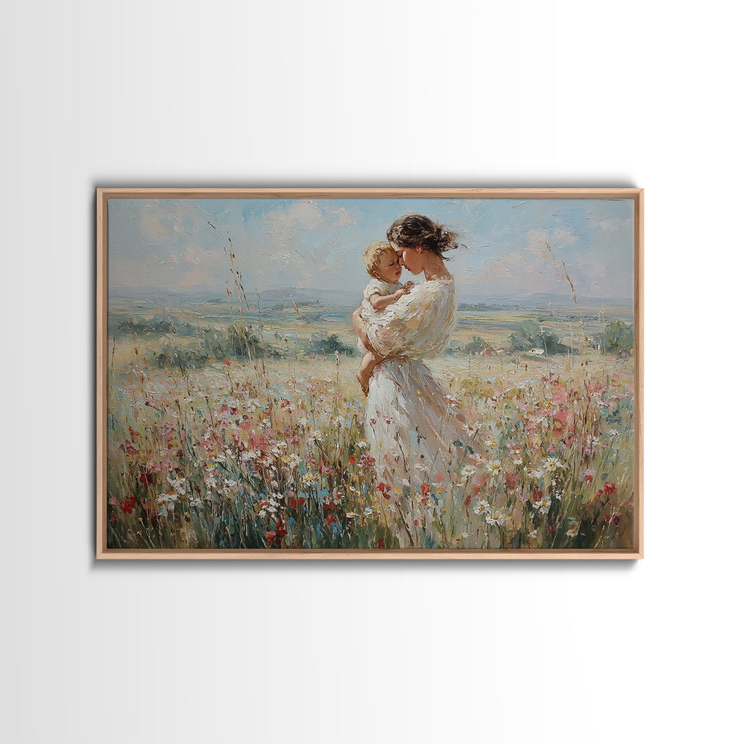 Mother And Child In Breezy Wildflower Field Canvas Print, Impressionist Wall Art, Nursery Decor, Baby Shower Gift For Mom
