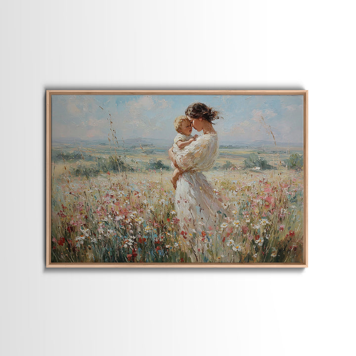 Mother And Child In Breezy Wildflower Field Canvas Print, Impressionist Wall Art, Nursery Decor, Baby Shower Gift For Mom
