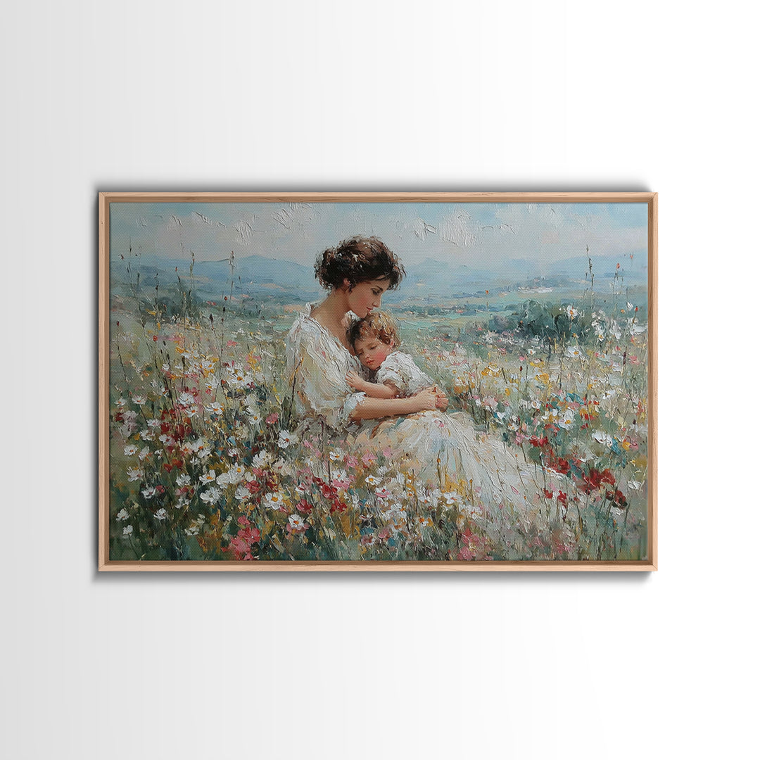 Seated Mother And Child Among Daisies Framed Canvas Print, Impressionist Wall Art, Floral Nursery Decor, Gift For New Mom