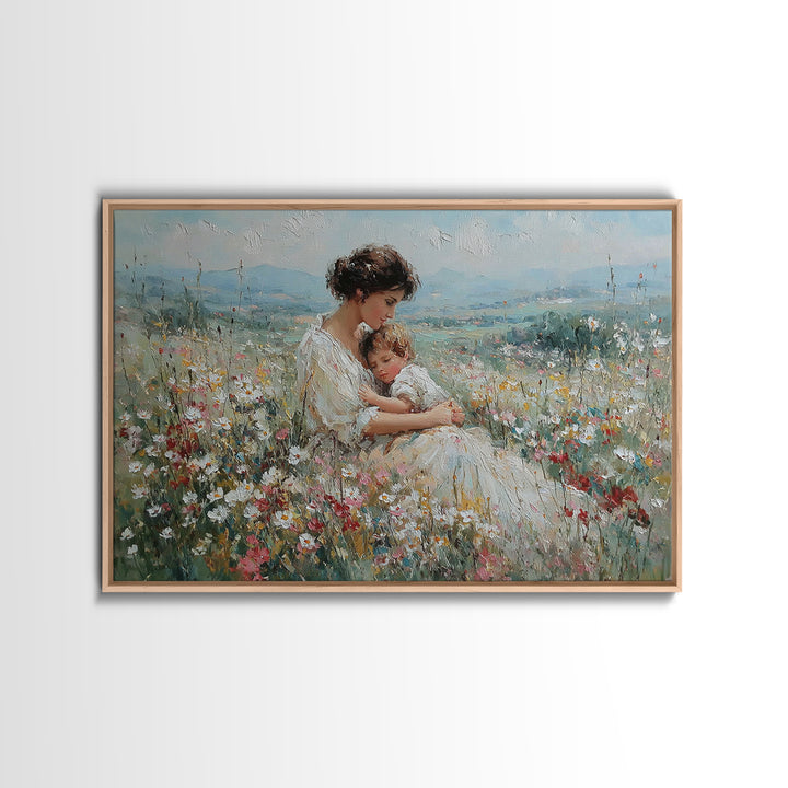 Seated Mother And Child Among Daisies Framed Canvas Print, Impressionist Wall Art, Floral Nursery Decor, Gift For New Mom