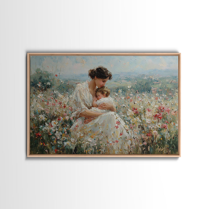 Mother Nursing Baby In Wildflower Meadow Wall Art, Impressionist Oil Painting, Christian Nursery Decor, Gift For New Mom