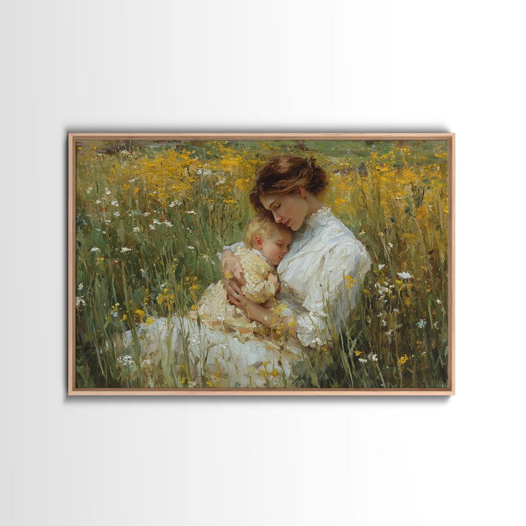 Mother And Sleeping Child In Yellow Wildflowers Canvas Print, Impressionist Wall Art, Floral Nursery Decor, Gift For Mom
