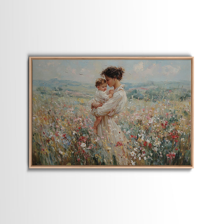 Mother Holding Baby In Mountain Wildflower Field Wall Art, Impressionist Canvas Print, Nursery Decor, Mothers Day Gift For Mom