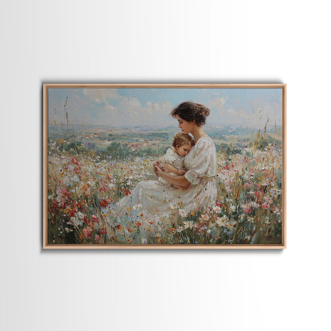 Seated Mother And Baby In Hilltop Wildflowers Canvas Print, Impressionist Landscape Art, Nursery Decor, Motherhood Gift For Her