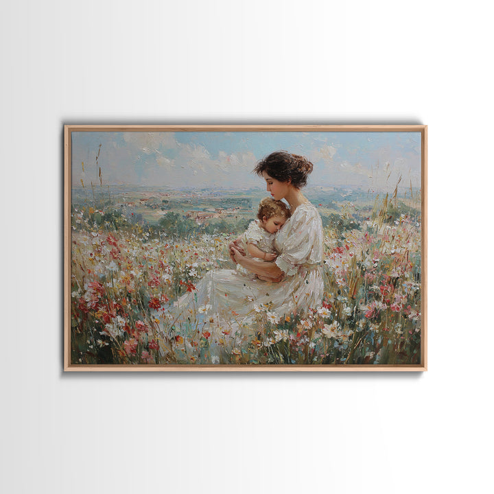 Seated Mother And Baby In Hilltop Wildflowers Canvas Print, Impressionist Landscape Art, Nursery Decor, Motherhood Gift For Her