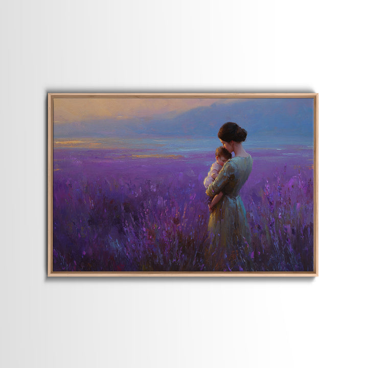 Mother And Baby In Lavender Sunset Field Wall Art, Impressionist Landscape Canvas Print, Purple Bedroom Decor, Gift For Her