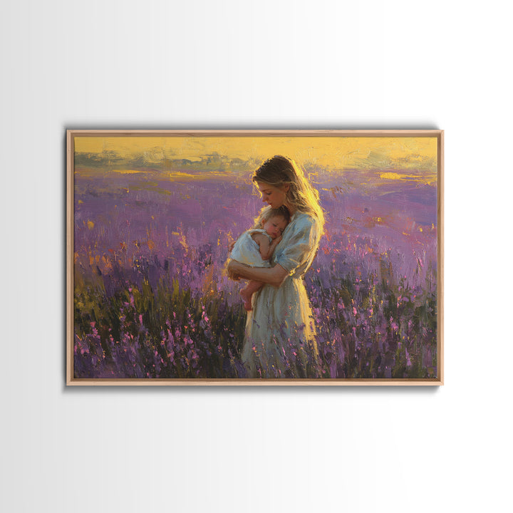 Mother And Baby In Lavender Sunset Wall Art, Impressionist Oil Painting Print, Feminine Nursery Decor, Gift For Mom, Mothers Day Gift
