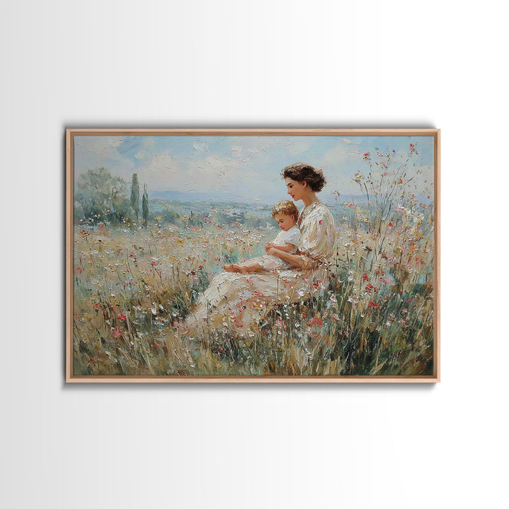 Mother And Child In Wildflower Meadow Canvas Print, Impressionist Landscape Art, Soft Nursery Decor, Gift For Mom, Fine Art