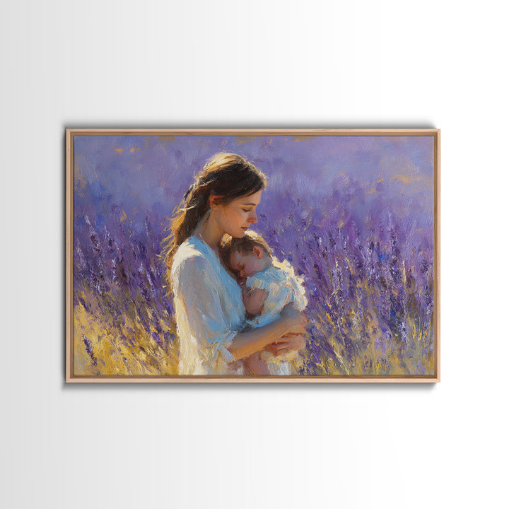 Tender Mother And Sleeping Baby Lavender Wall Art, Impressionist Oil Painting Print, Feminine Nursery Decor, Gift For Mom