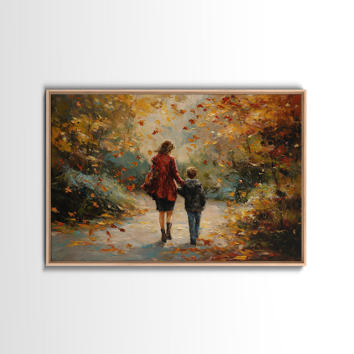 Mother And Son Walking Through Autumn Park Canvas Print, Impressionist Fall Landscape Wall Art, Cozy Home Decor, Gift For Mom