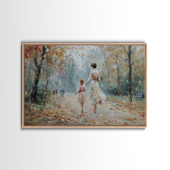Mother And Daughter Strolling In Spring Park Wall Art, Impressionist Oil Painting Print, Feminine Home Decor, Gift For Mom