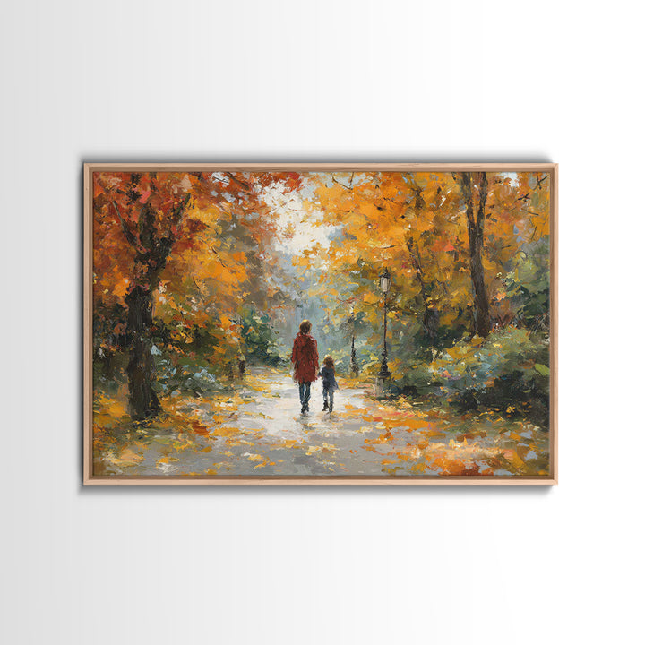 Mother And Child In Golden Autumn Park Framed Canvas Print, Impressionist Fall Landscape Wall Art, Cozy Living Room Decor