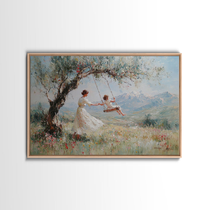 Mother Pushing Child On Meadow Swing Wall Art, Mountain Landscape Oil Painting Print, Whimsical Nursery Decor, Gift For Mom