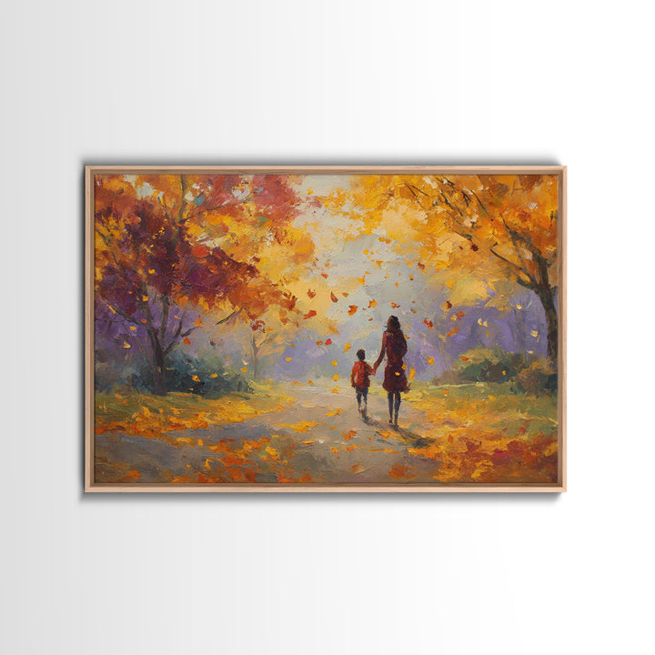 Mother And Child Under Golden Autumn Trees Canvas Print, Impressionist Fall Landscape Wall Art, Cozy Home Decor, Gift For Mom