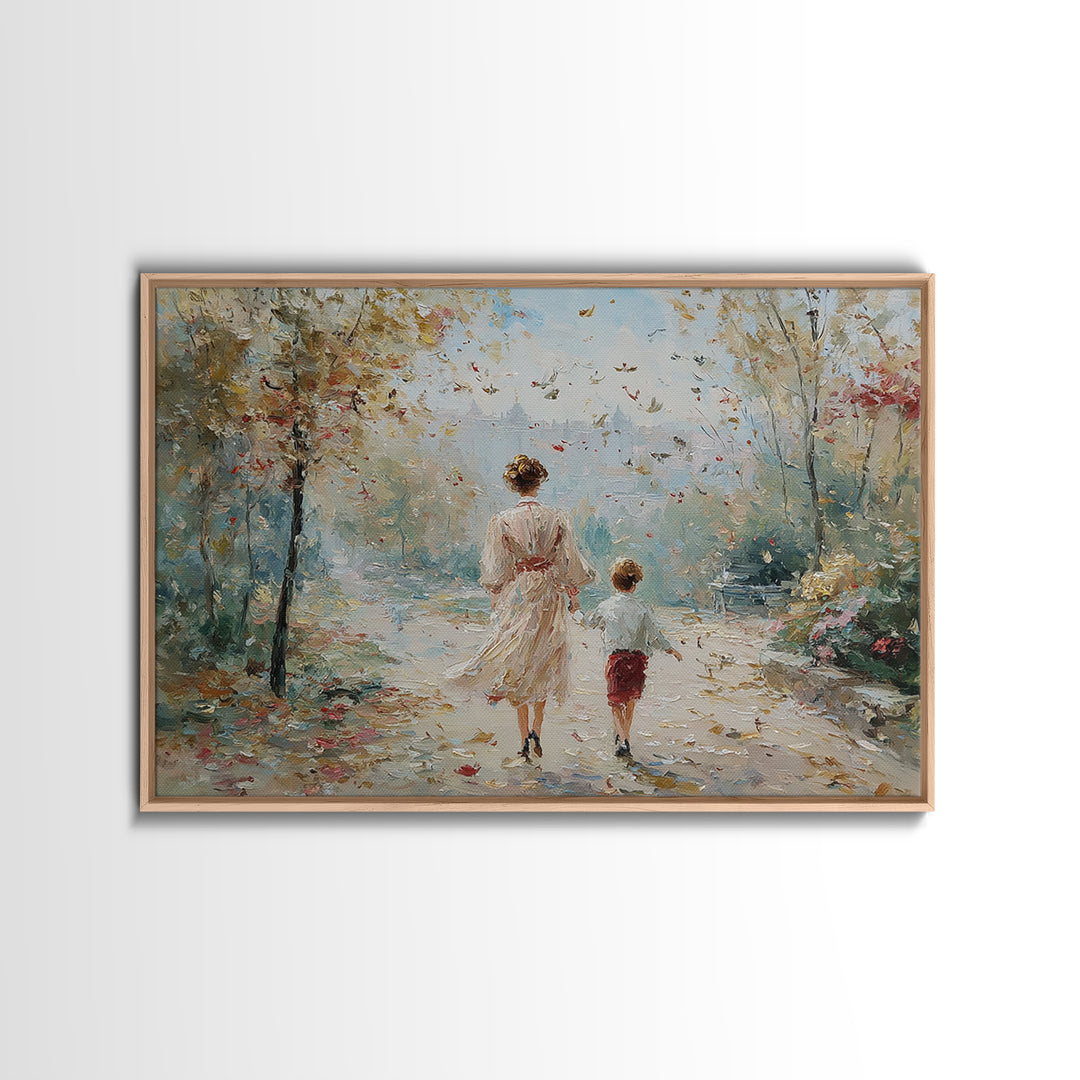 Mother And Son Garden Stroll Canvas Print, Impressionist Landscape Painting, Feminine Living Room Wall Decor, Gift For Mom