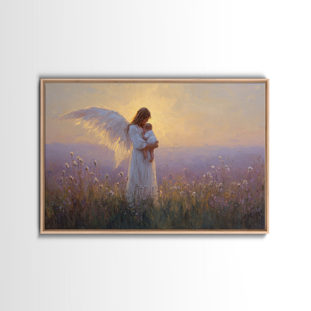 Guardian Angel Holding Baby Framed Canvas Print, Golden Meadow Oil Painting, Spiritual Nursery Decor, Christian Gift For Mom