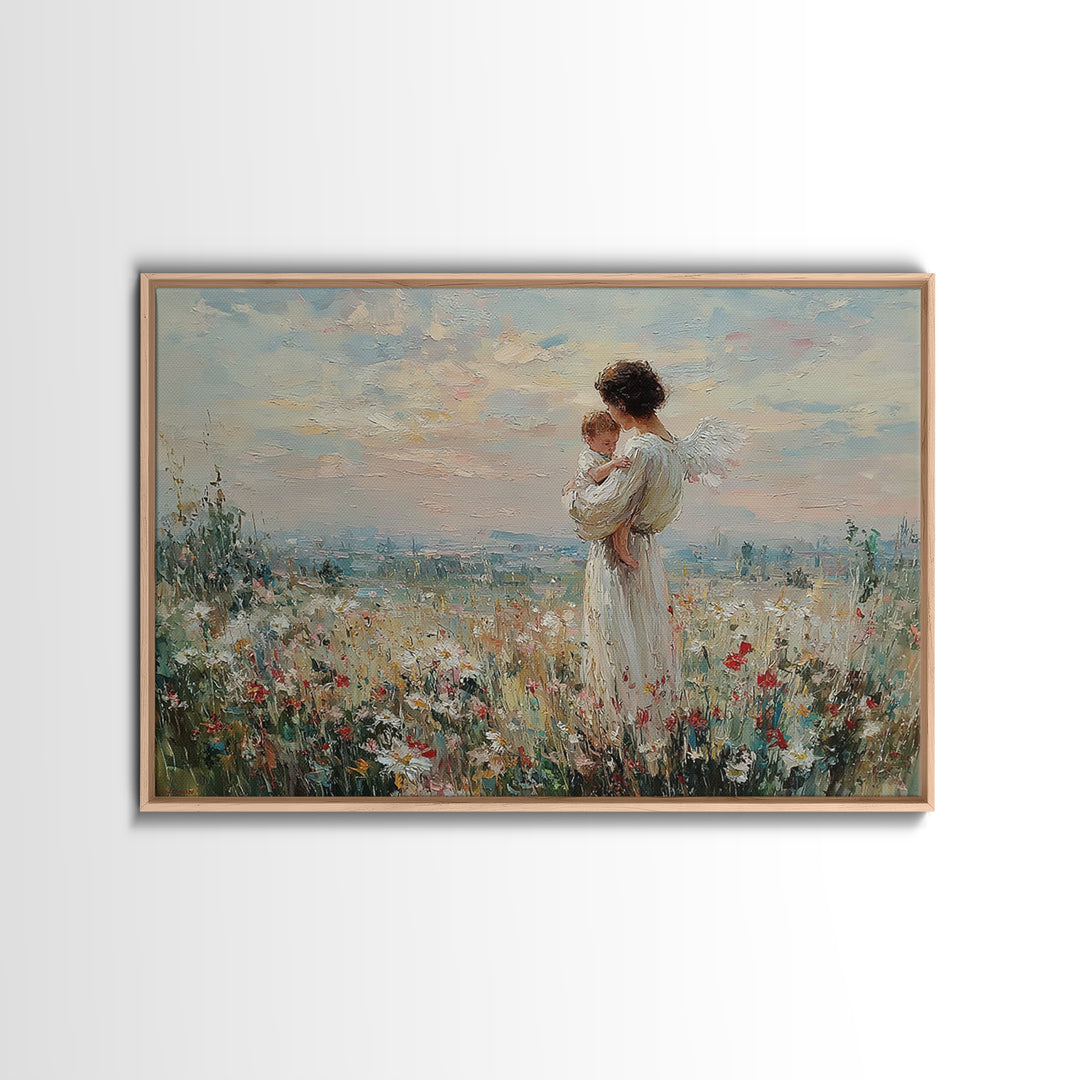 Angel Mother With Baby Wildflower Wall Art, Pastel Meadow Oil Painting Print, Spiritual Nursery Decor, Christian Gift For Mom