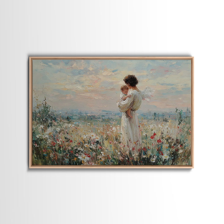 Angel Mother With Baby Wildflower Wall Art, Pastel Meadow Oil Painting Print, Spiritual Nursery Decor, Christian Gift For Mom
