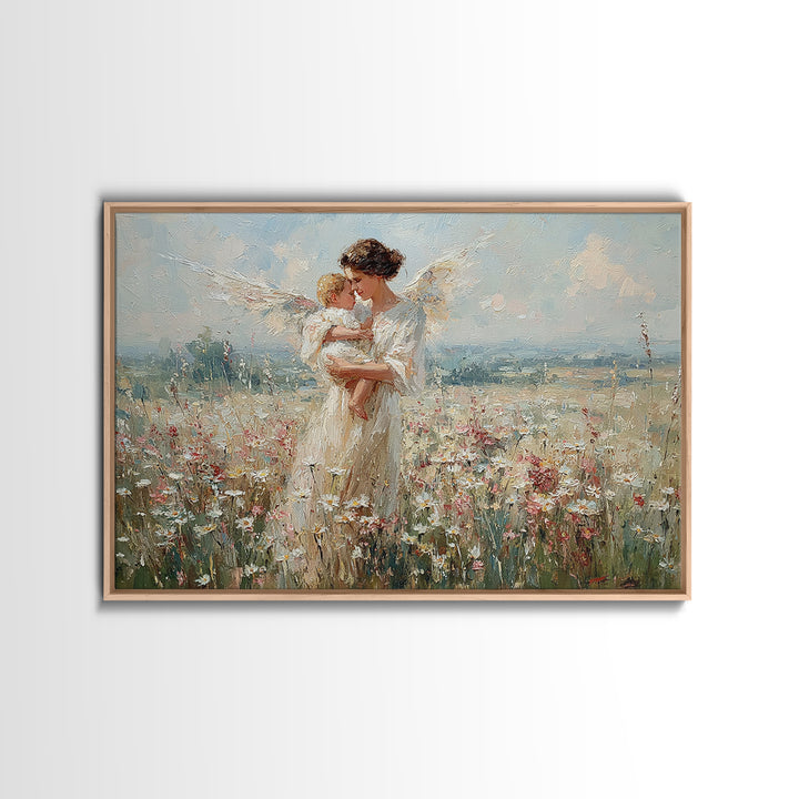 Angel Mother Kissing Baby Canvas Print, Bright Wildflower Meadow Painting, Spiritual Wall Decor, Nursery Art Gift For Mom