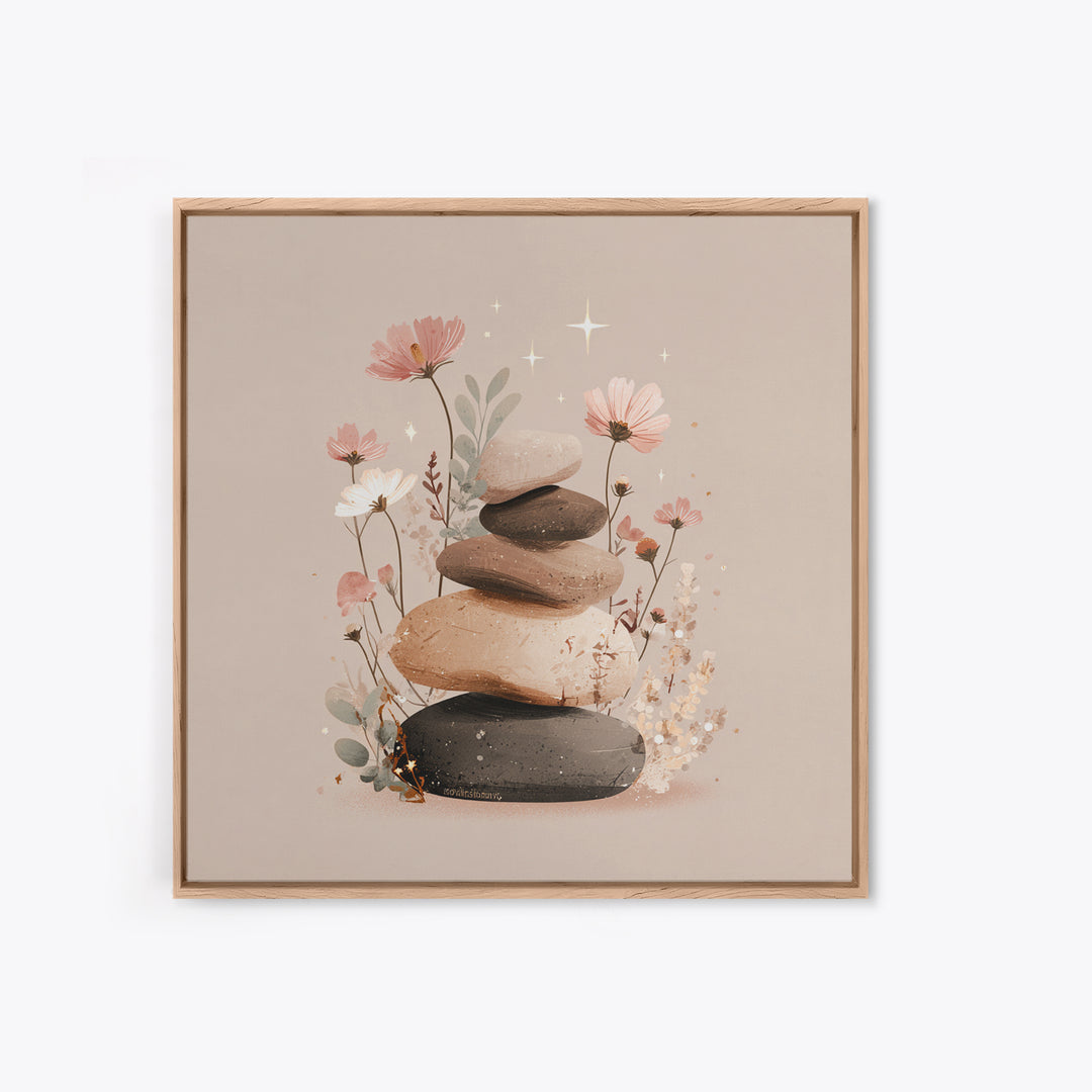 Stacked Zen Stones With Blush Flowers Wall Art, Neutral Spa Decor Canvas, Botanical Bathroom Print, Mindfulness Gift, Home Decor