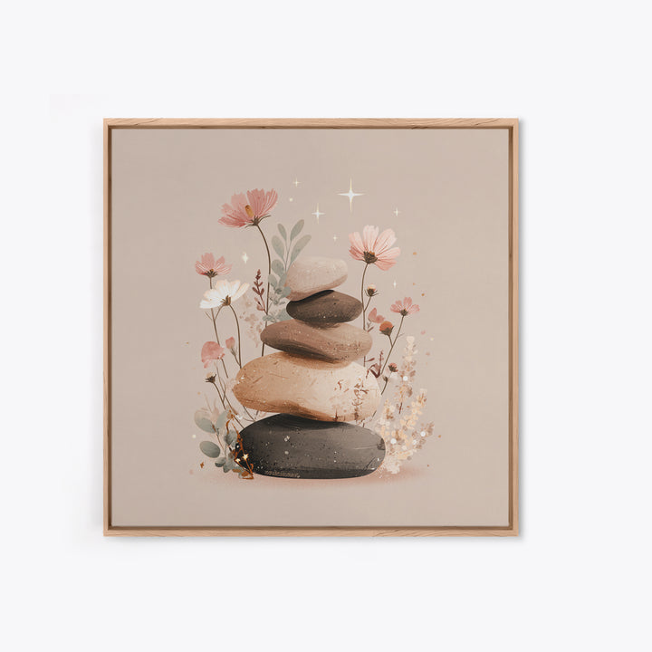 Stacked Zen Stones With Blush Flowers Wall Art, Neutral Spa Decor Canvas, Botanical Bathroom Print, Mindfulness Gift, Home Decor