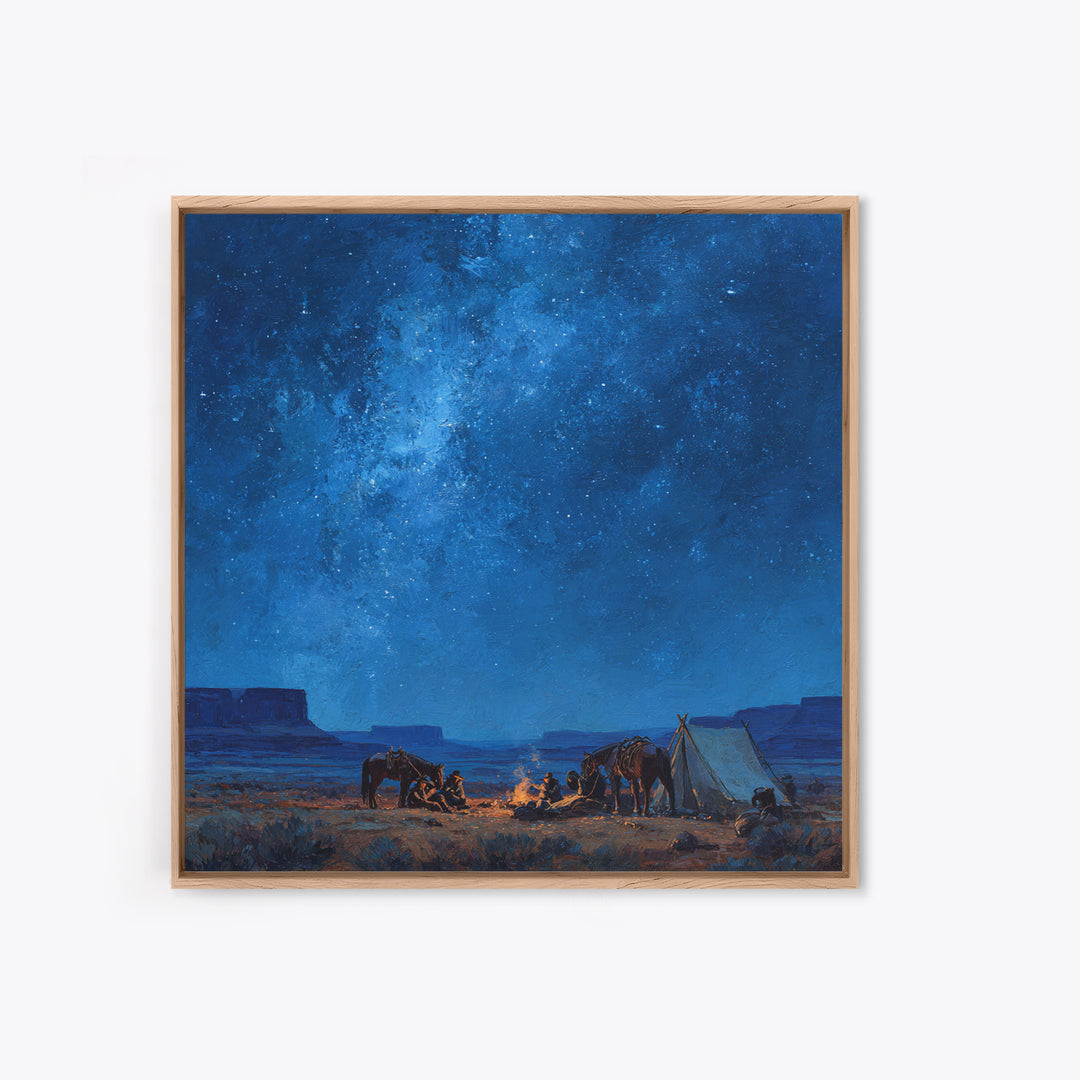 Cowboys Around Campfire Under Milky Way Wall Art, Western Night Desert Painting Print, Rustic Cabin Decor Living Room Art