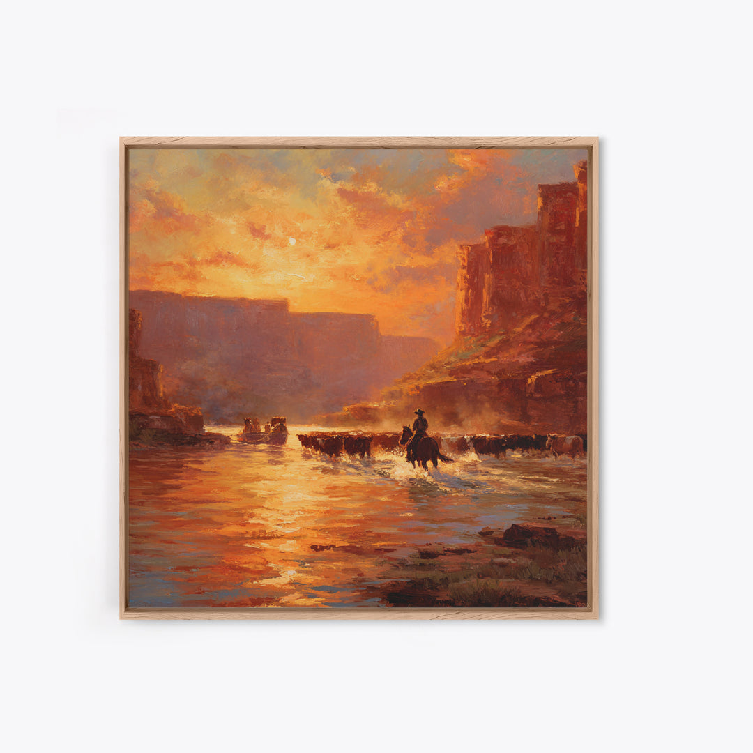 Cowboy Cattle Drive Sunset River Western Landscape Wall Art Canvas Print Rustic Home Decor Living Room Western Wall Art