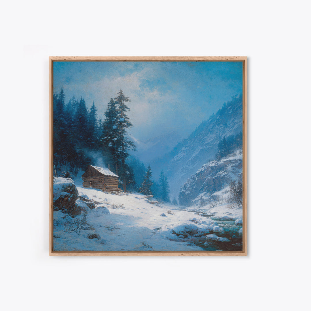 Cozy Winter Cabin In Snowy Mountain Valley Wall Art Print, Rustic Landscape Home Decor, Calming Nature Canvas Print
