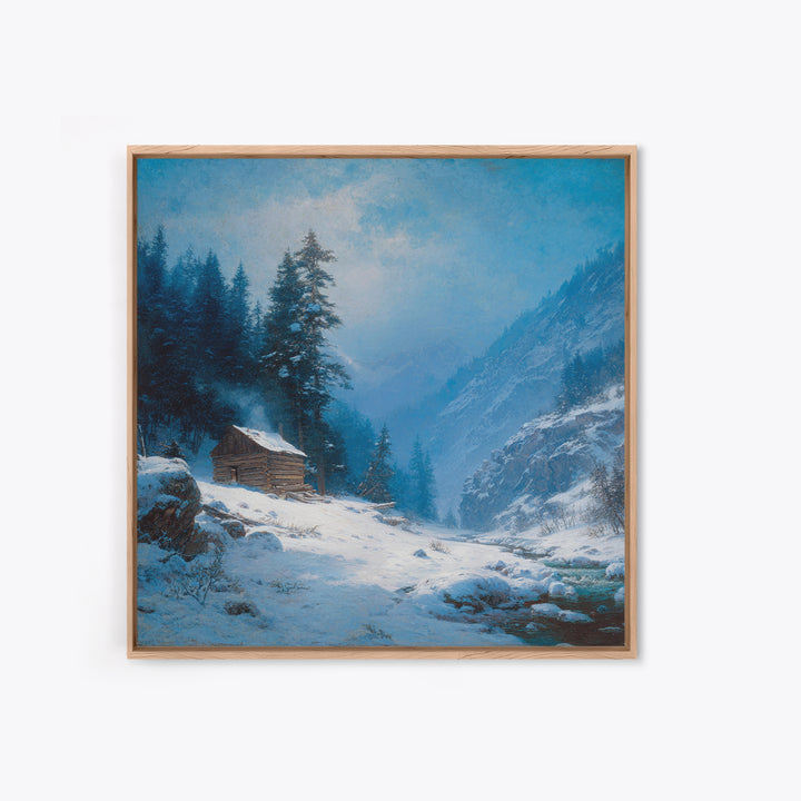 Cozy Winter Cabin In Snowy Mountain Valley Wall Art Print, Rustic Landscape Home Decor, Calming Nature Canvas Print