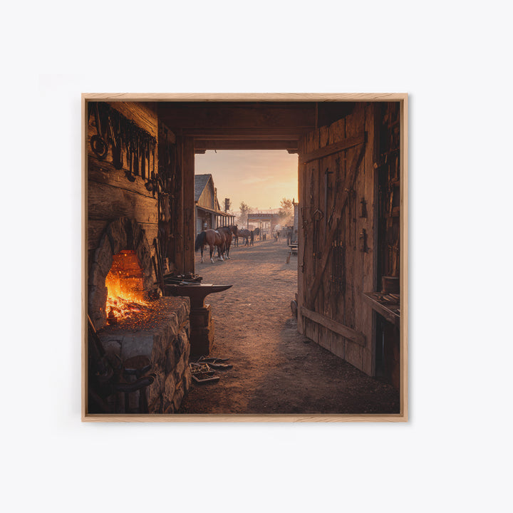 Cozy Old West Blacksmith Shop At Sunset Wall Art For Rustic Farmhouse Decor, Western Town Framed Canvas Print