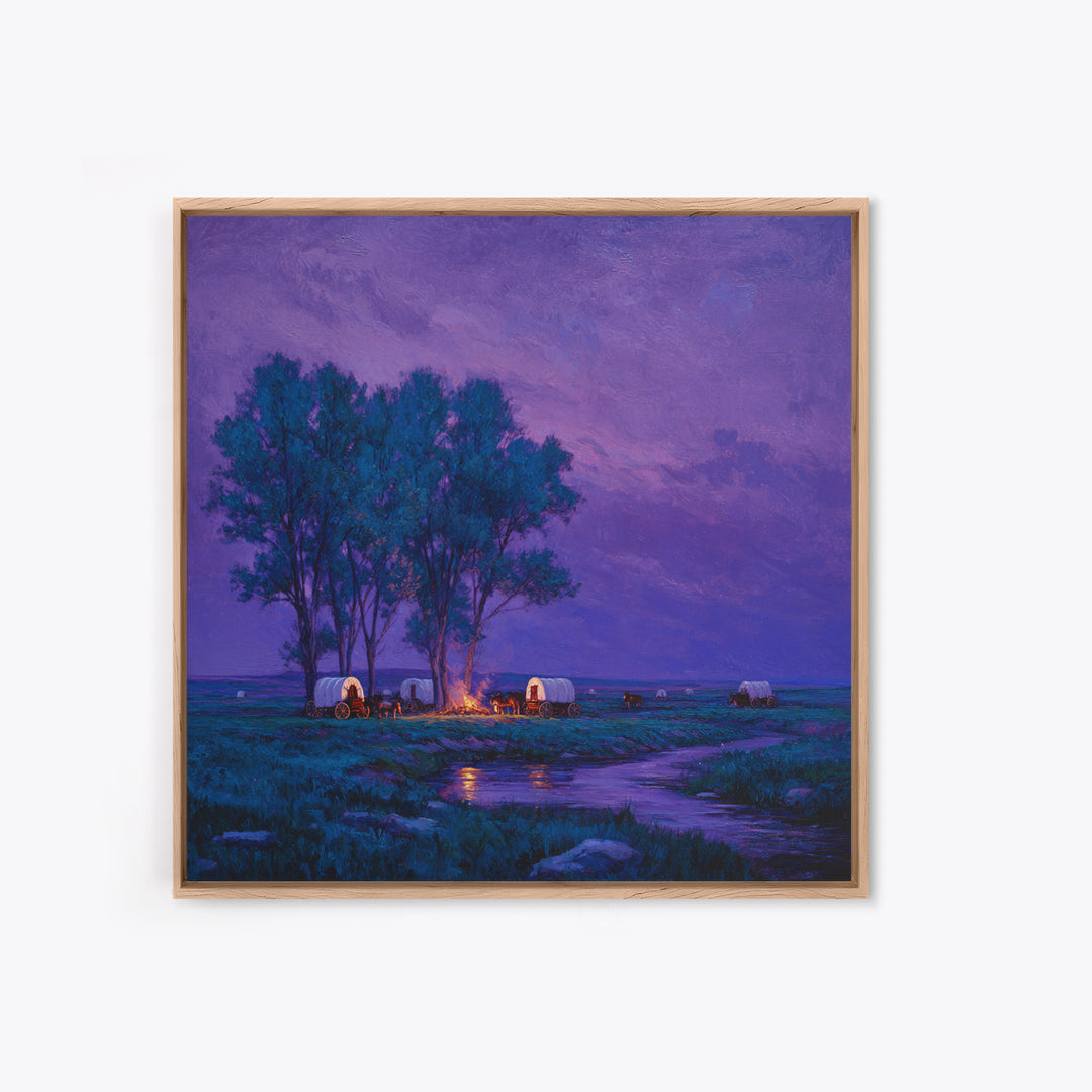 Purple Prairie Campfire Wagons Wall Art, Western Night Landscape Painting, Cozy Cabin Country Decor, Canvas Print