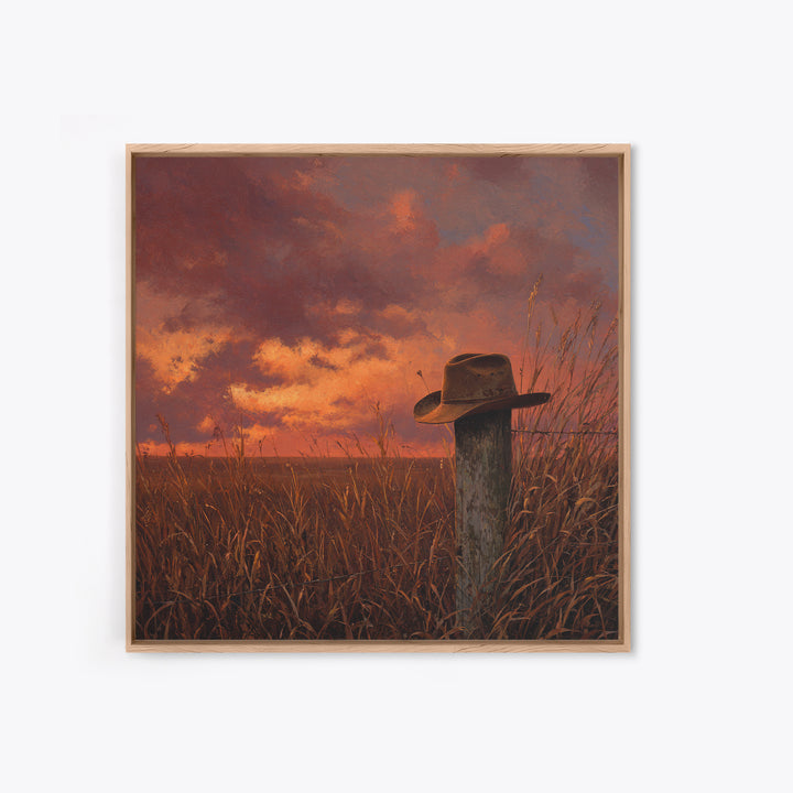 Western Cowboy Hat Sunset Field Wall Art Rustic Landscape Canvas Print Country Home Decor Farmhouse Painting Living Room Art