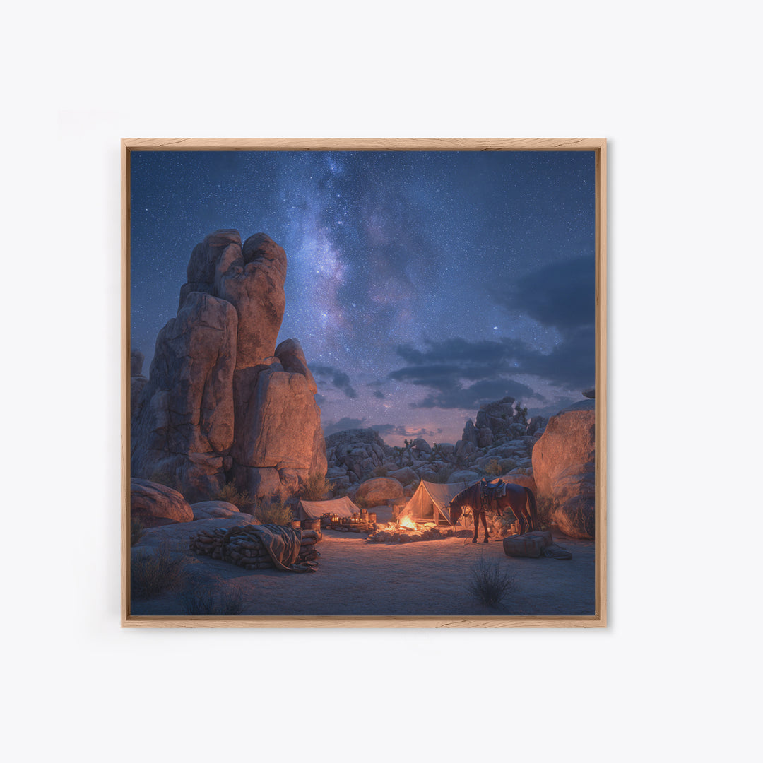 Starry Desert Campfire Wall Art, Western Night Landscape Framed Canvas Print, Cowboy Camping Art, Rustic Cabin Decor