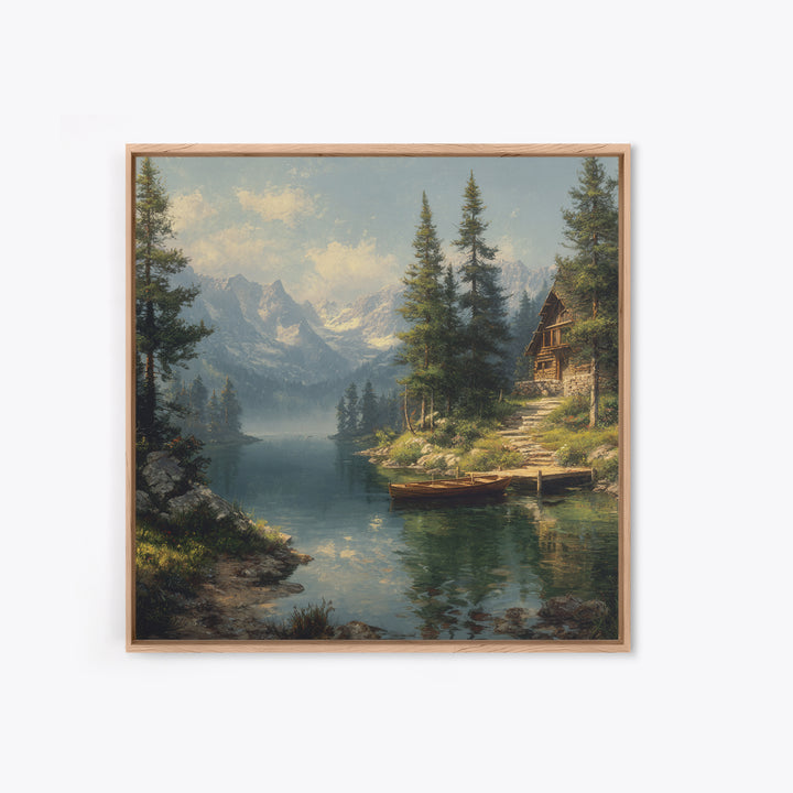 Mountain Lake Cabin Landscape Wall Art Canvas Print, Rustic Country Home Decor, Large Landscape Art, Living Room Wall Decor