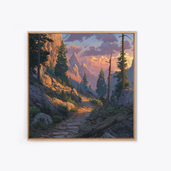 Mountain Trail At Sunset Landscape Wall Art, Scenic Hiking Path Canvas Print, Rustic Nature Home Decor For Living Room