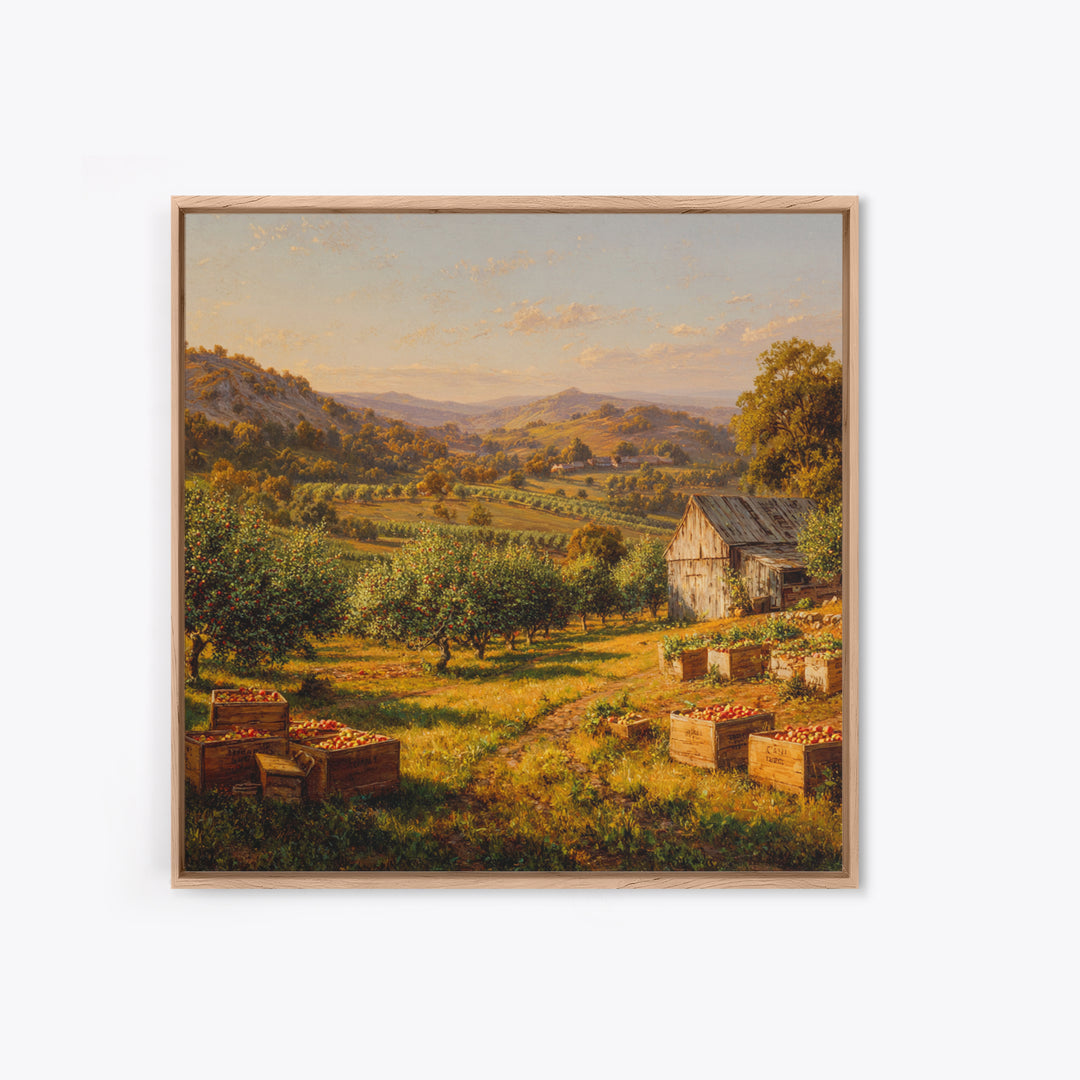 Golden Orchard Valley Landscape Painting Wall Art, Rustic Farm Harvest Print, Country Kitchen And Dining Room Decor