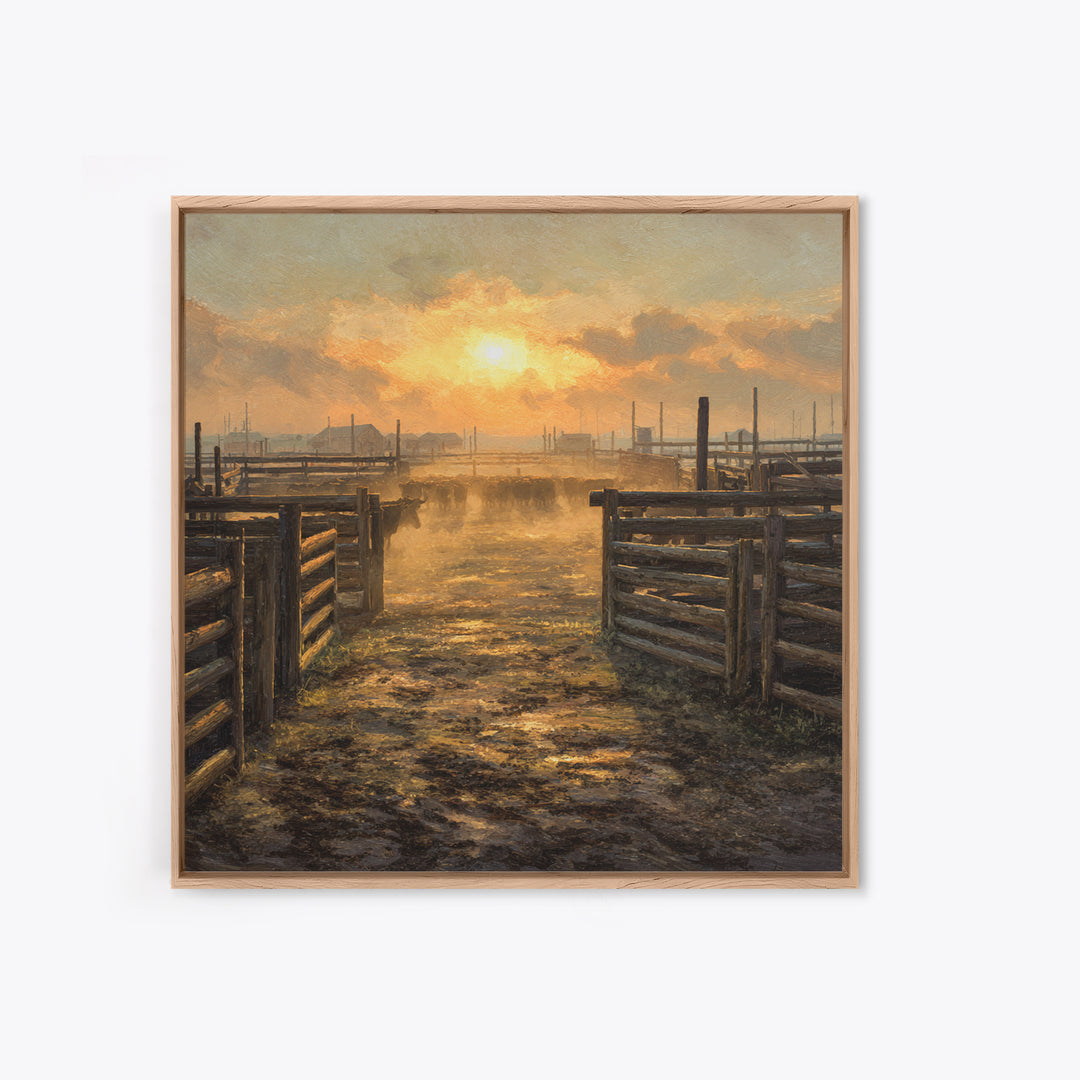 Rustic Cattle Pens Sunrise Oil Painting Wall Art, Western Farmhouse Landscape Print For Country Kitchen Or Living Room Decor