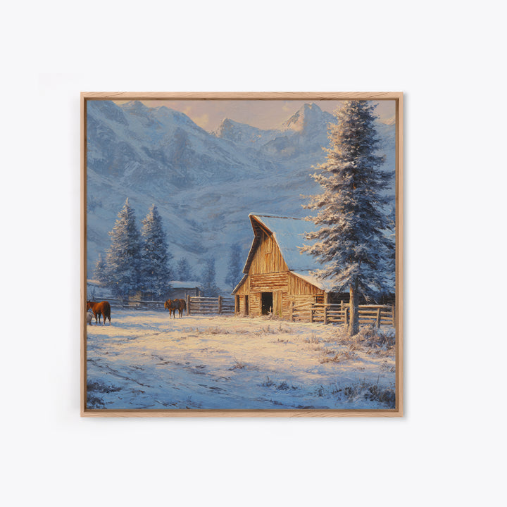 Snowy Mountain Barn Winter Wall Art, Rustic Farm Landscape Canvas Print, Cozy Cabin Decor, Country Farmhouse Living Room Wall Decor